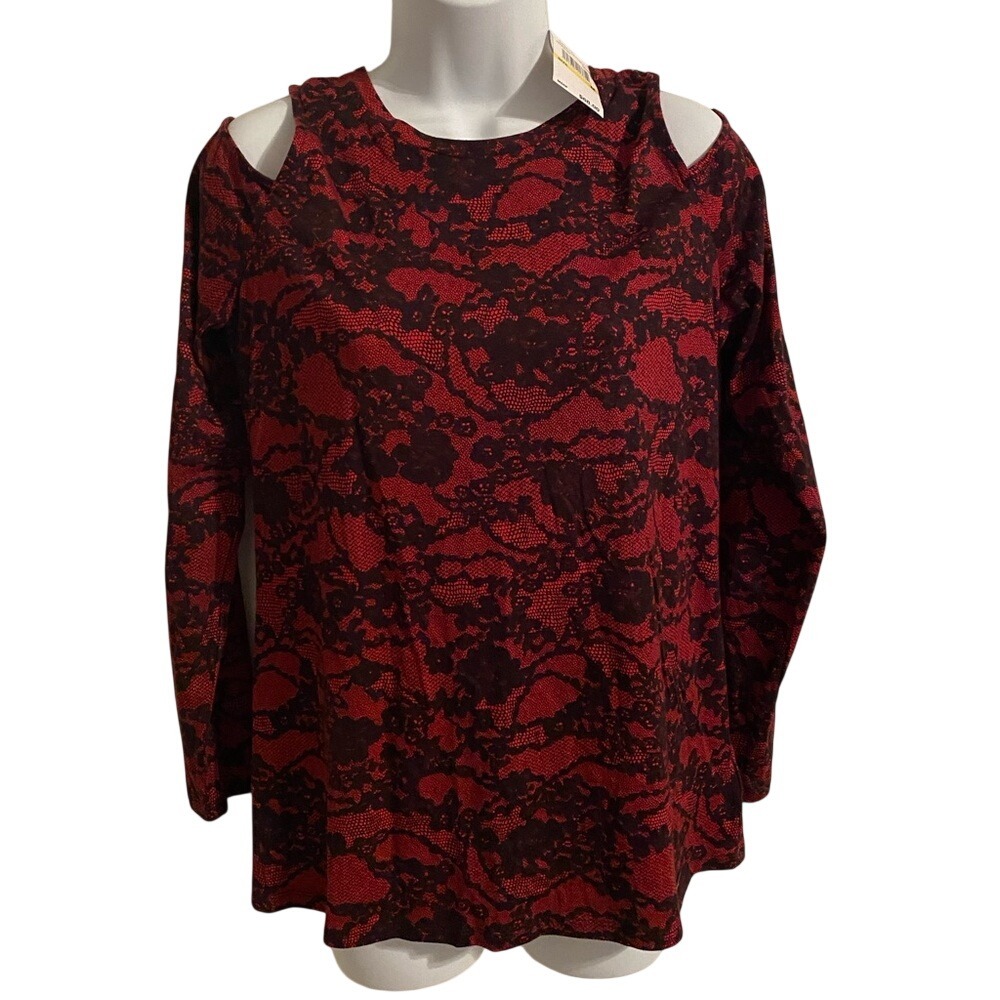 Michael Michael Kors Crimson Red Black Lace Cold Shoulder Top QH75FZL86D M